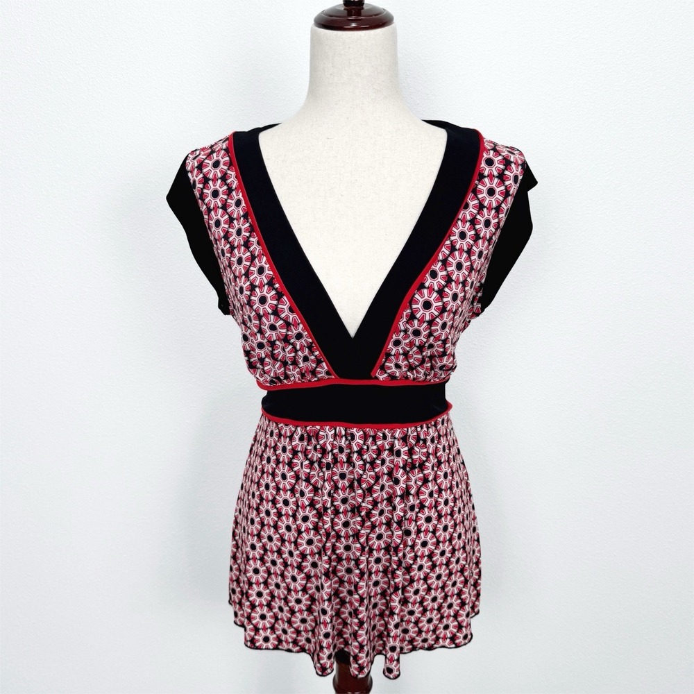 Speechless Babydoll Top Womens L‎ Red Geometric Tie Waist 90s Phoebe Friends Y2K